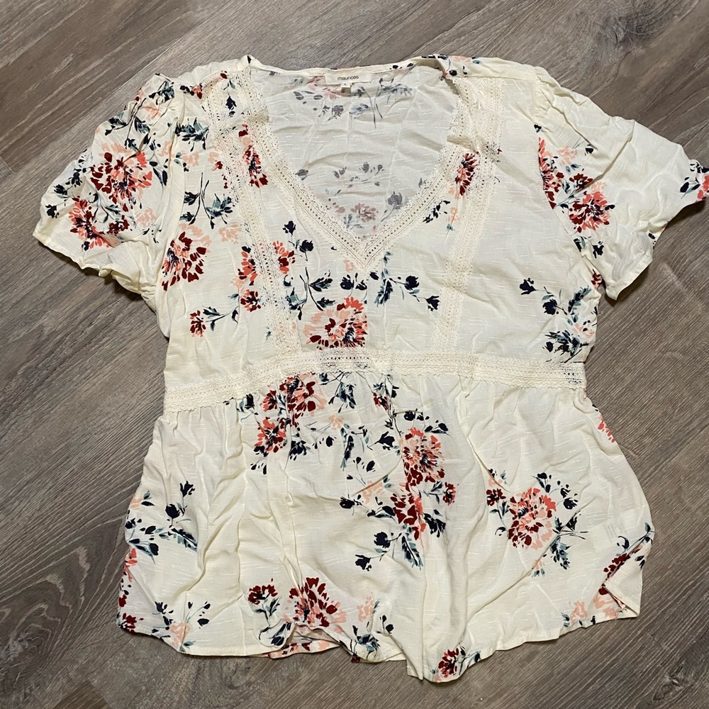 Floral V-Neck Peplum Women's Top - Cream with Pink & Navy Floral